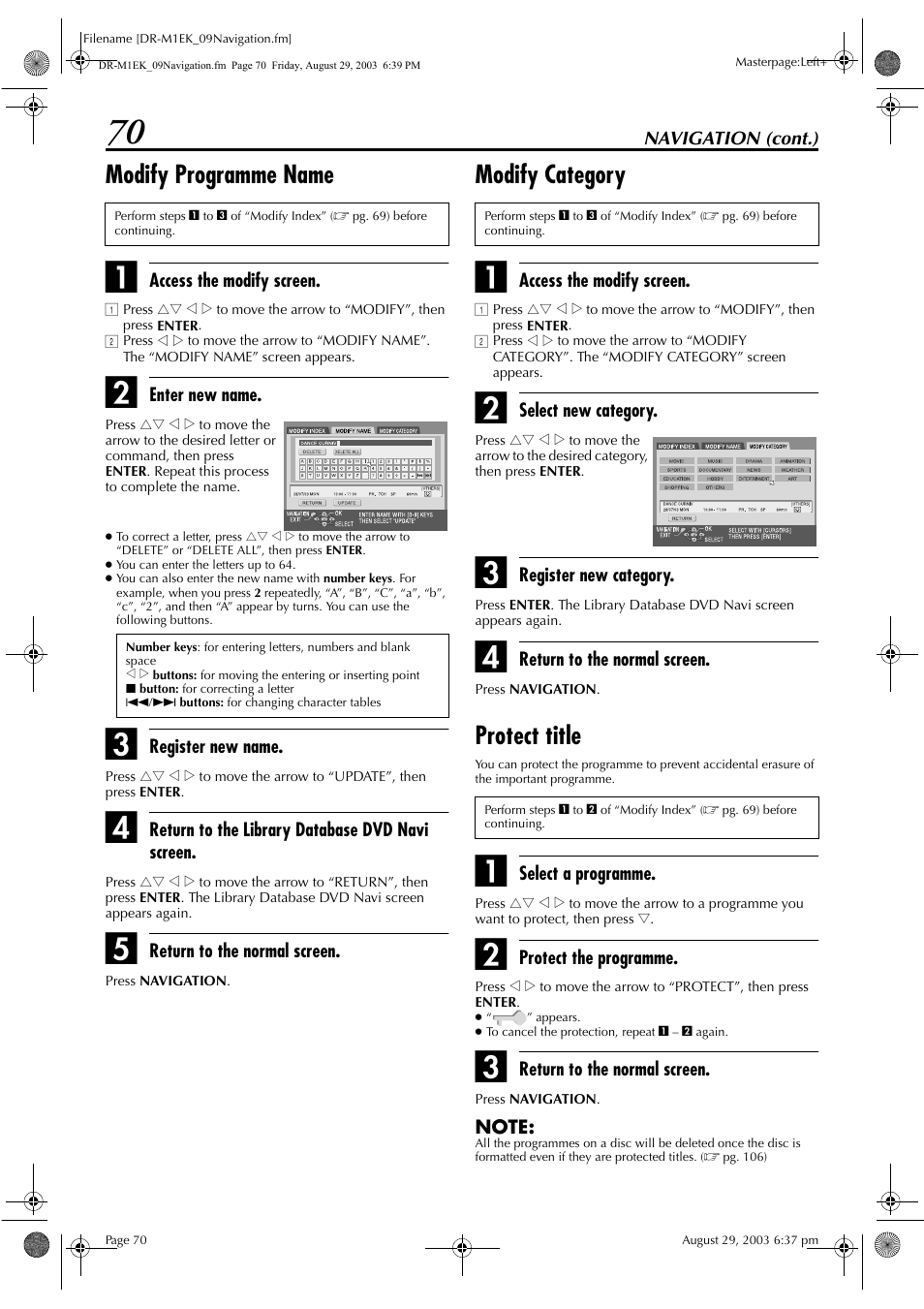 Modify programme name, Modify category, Protect title | Pg. 70, “modify programme, Name”), and “st | JVC LPT0827-001B User Manual | Page 70 / 116
