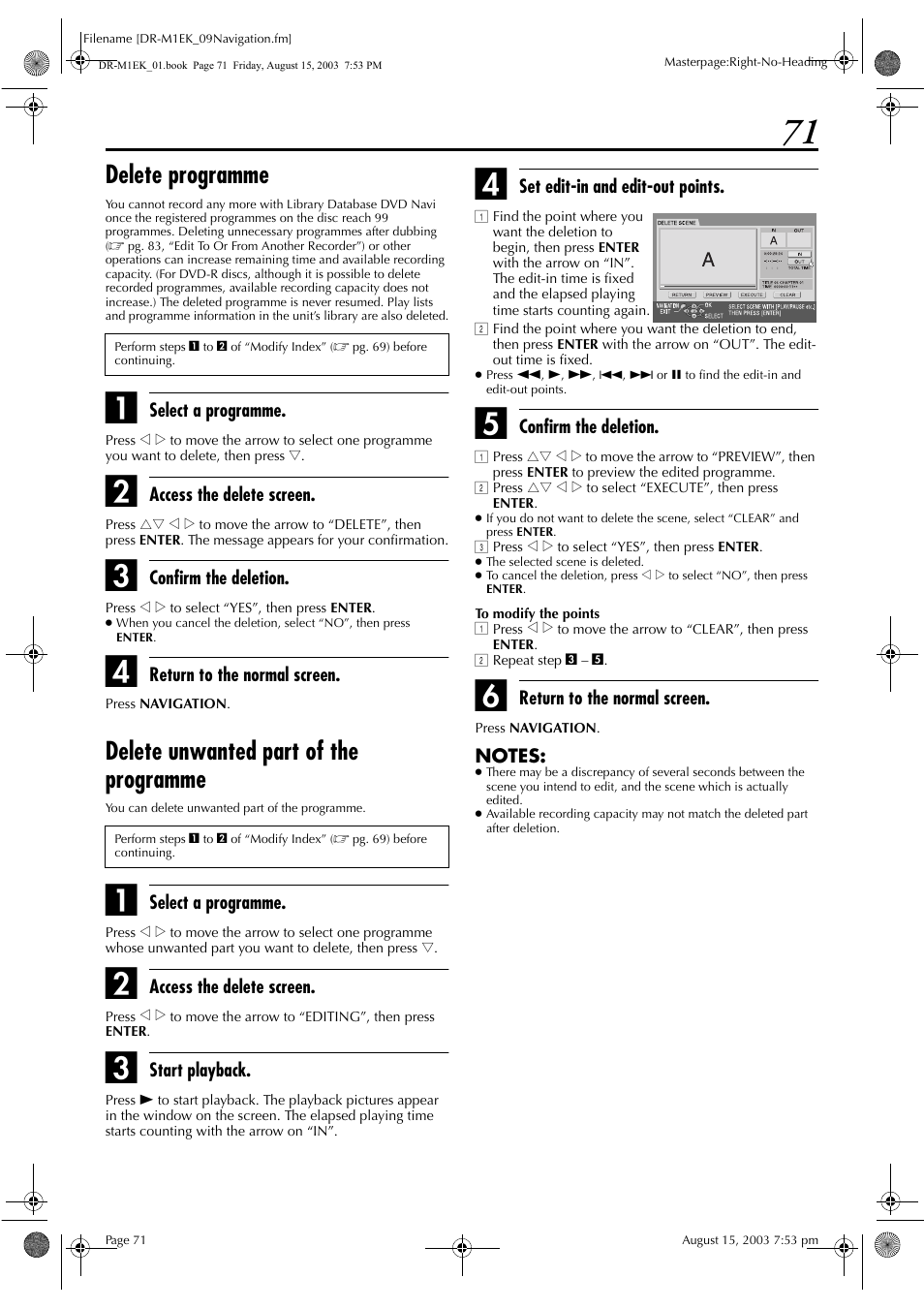Delete programme, Delete unwanted part of the programme, Pg. 71) | Pg. 71, Delete programme”) | JVC LPT0827-001B User Manual | Page 71 / 116