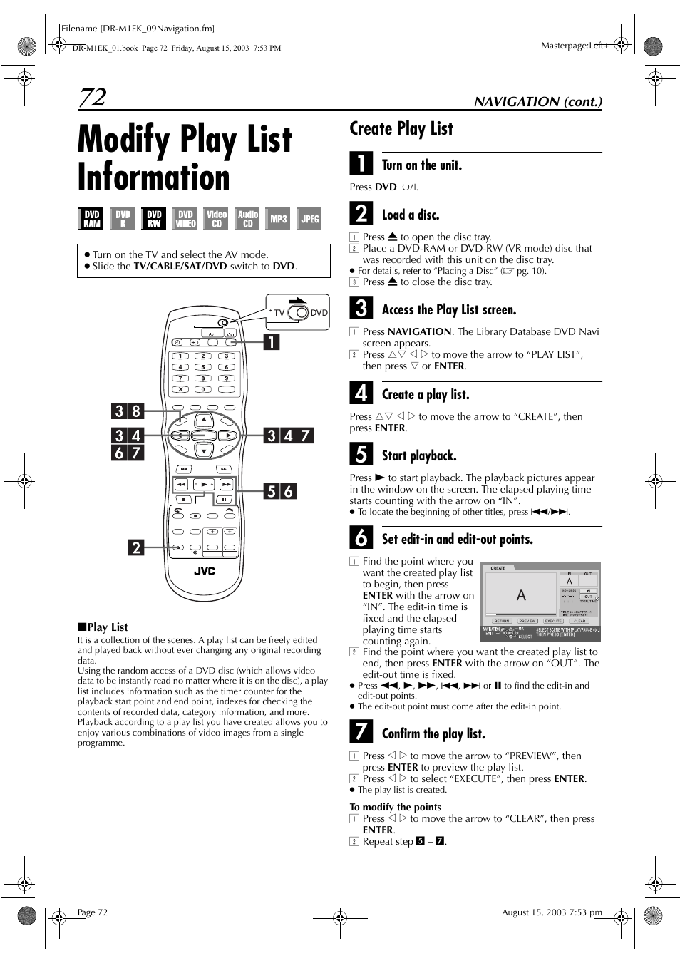 Modify play list information, Create play list, Pg. 72) | JVC LPT0827-001B User Manual | Page 72 / 116