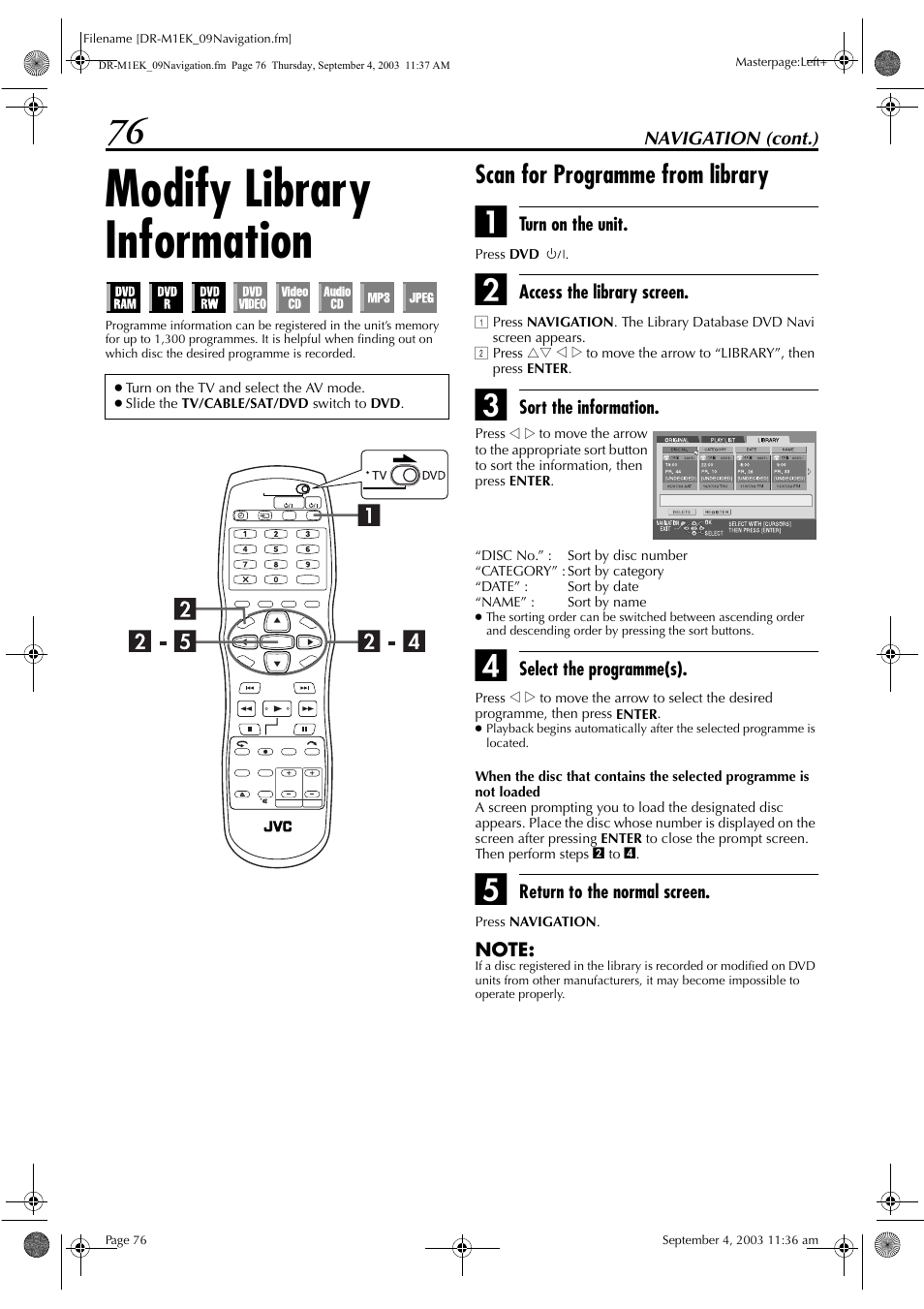 Modify library information, Scan for programme from library, Pg. 76) | JVC LPT0827-001B User Manual | Page 76 / 116