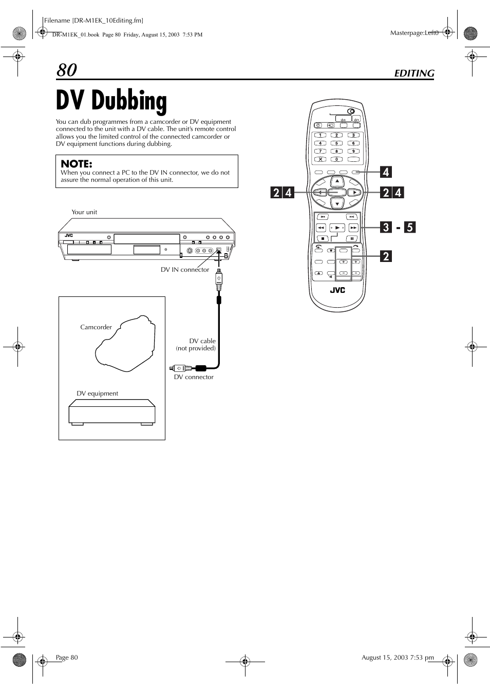 Editing, Dv dubbing, Editing 80 | Pg. 80 | JVC LPT0827-001B User Manual | Page 80 / 116