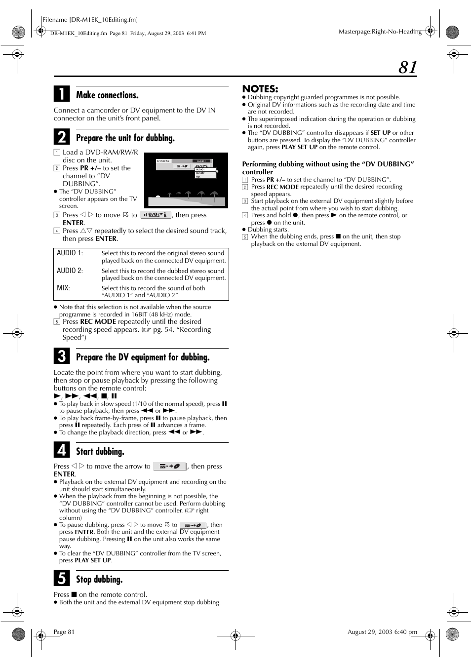 Make connections, Prepare the unit for dubbing, Prepare the dv equipment for dubbing | Start dubbing, Stop dubbing | JVC LPT0827-001B User Manual | Page 81 / 116