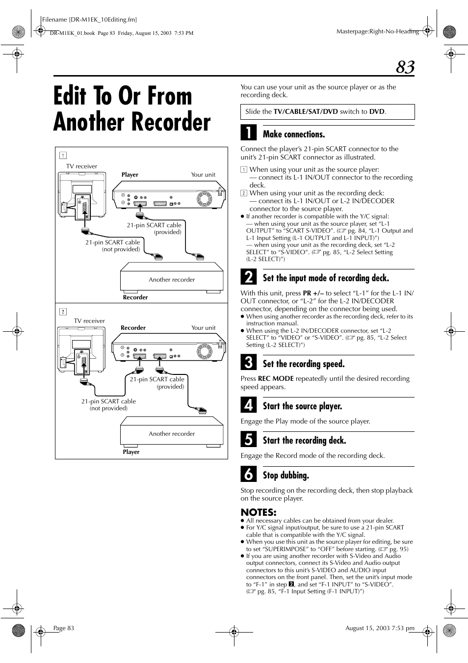 Edit to or from another recorder, Pg. 83, “edit to or from another recorder”) or o | JVC LPT0827-001B User Manual | Page 83 / 116