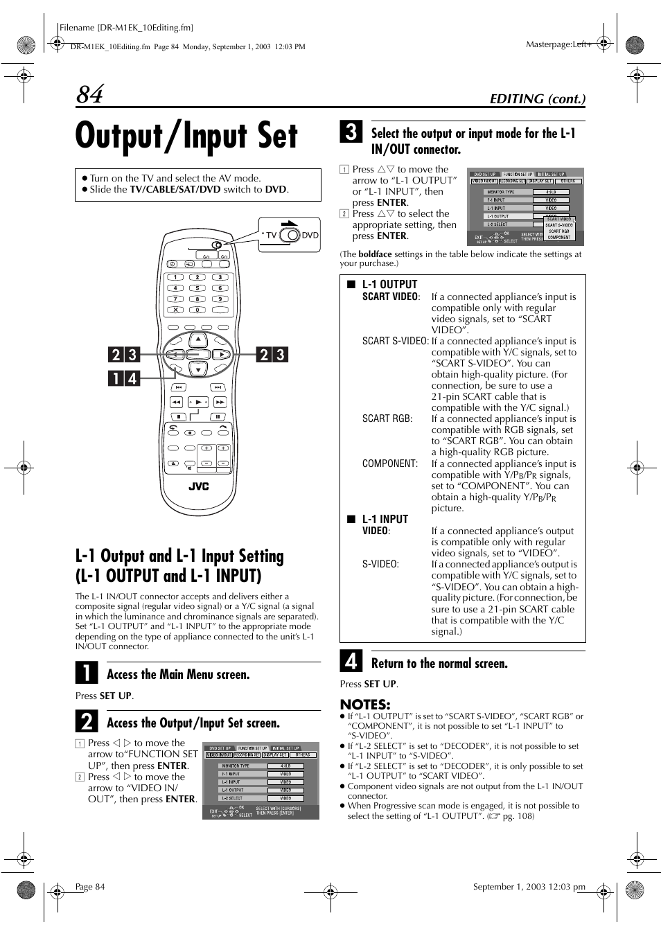 Output/input set, Pg. 84), Ponent | Pg. 84, “l-1 output and l-1 input, Setting (l-1 output and l-1 input)”) progressi, Pg. 84, “l-1 output and, L-1 input setting (l-1 output and l-1 input)”) | JVC LPT0827-001B User Manual | Page 84 / 116