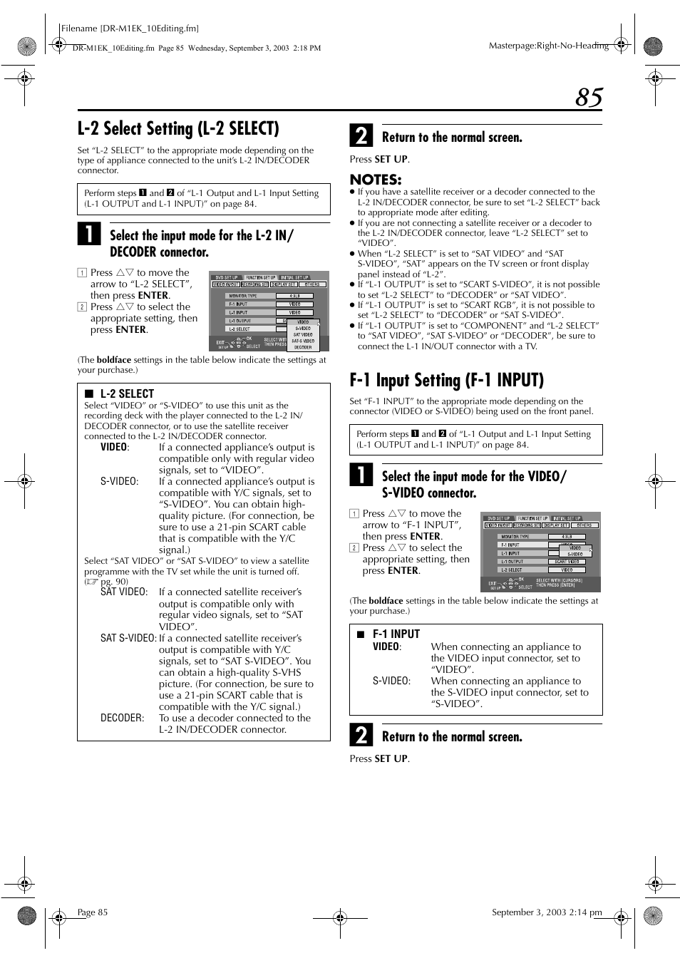 L-2 select setting (l-2 select), F-1 input setting (f-1 input), Pg. 85, “l-2 select setting (l-2 select)”) | Nnector being used, Pg. 85, “f-1 input setting, F-1 input)”), Pg. 85, “l-2 select setting, L-2 select)”), Or “s-video, Pg. 85, “l-2 select | JVC LPT0827-001B User Manual | Page 85 / 116