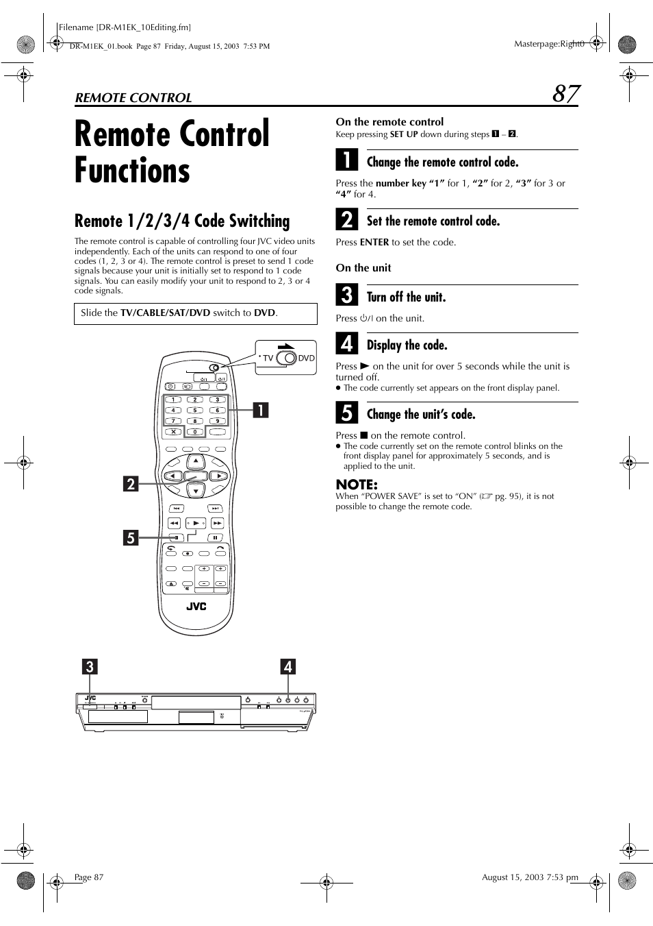 Remote control, Remote control functions, Remote 1/2/3/4 code switching | Ands, Pg. 87, “remote control, Functions”) | JVC LPT0827-001B User Manual | Page 87 / 116
