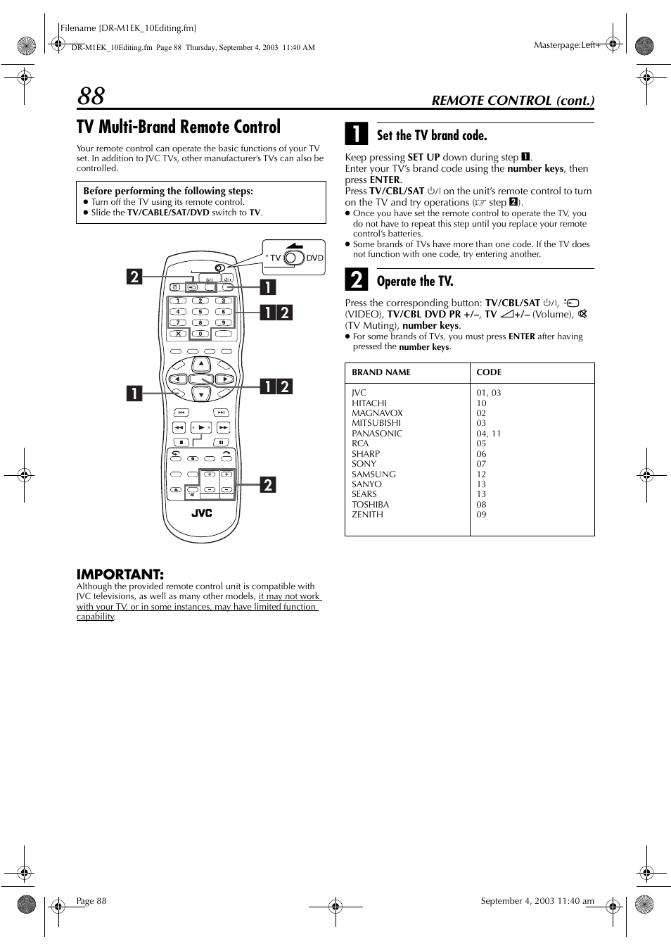 Tv multi-brand remote control, Pg. 88, Pg. 88) | JVC LPT0827-001B User Manual | Page 88 / 116