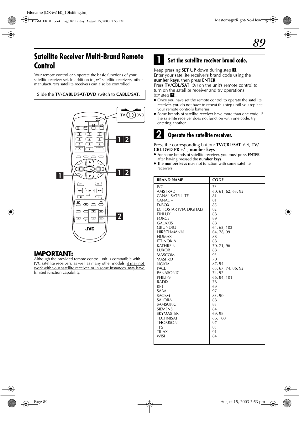 Satellite receiver multi-brand remote control, Pg. 88 | JVC LPT0827-001B User Manual | Page 89 / 116