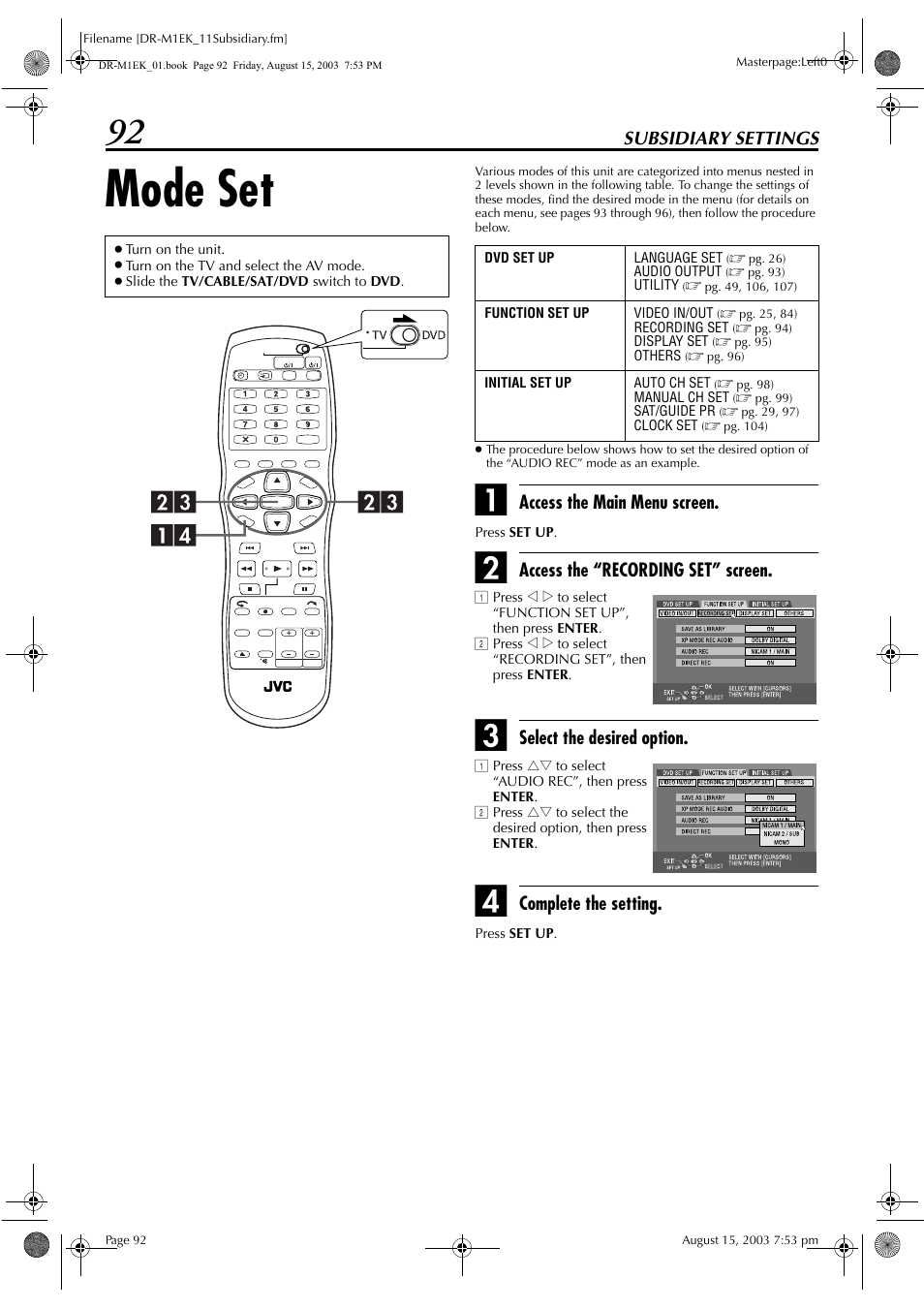 Subsidiary settings, Mode set | JVC LPT0827-001B User Manual | Page 92 / 116
