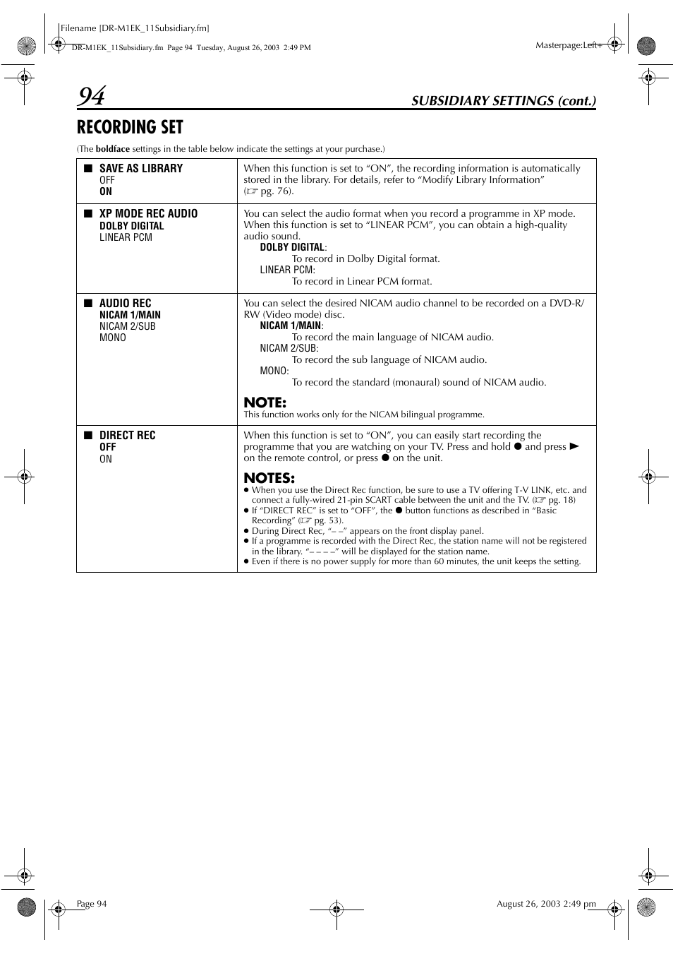 Recording set, Pg. 94), Rec” to “on | E type of broadcast being, Subsidiary settings (cont.) | JVC LPT0827-001B User Manual | Page 94 / 116