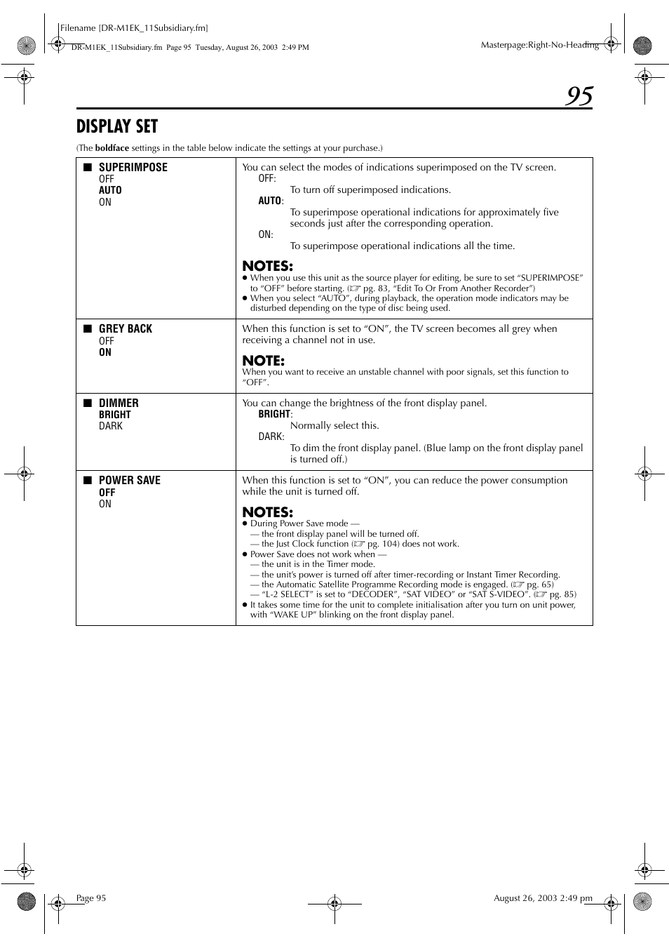 Display set, Its on the disc, this, Pg. 95, “power save”) is disengaged o | Starting, Pg. 95), Set to “on, Pg. 95), it is not | JVC LPT0827-001B User Manual | Page 95 / 116