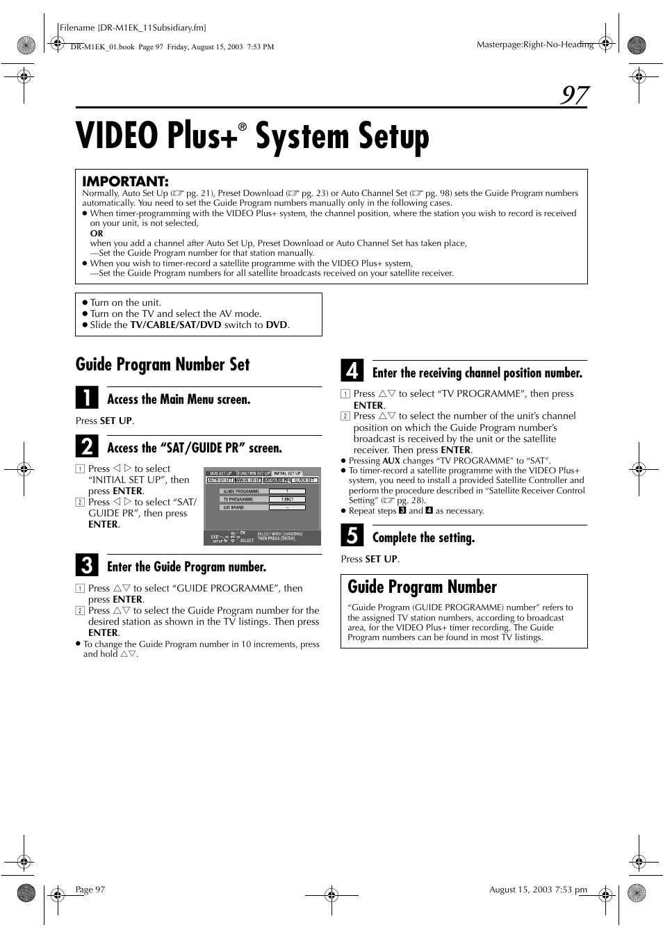 Video plus+® system setup, Guide program number set, Guide program number | Video plus, Pg. 97, M numbers, Pg. 97), Not, see “video plus, System setup” on, 97 and set the guide pro | JVC LPT0827-001B User Manual | Page 97 / 116