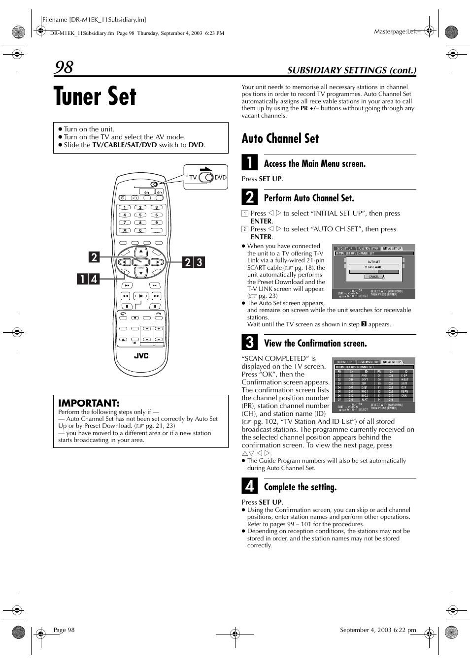 Tuner set, Auto channel set, Pg. 98) | Pg. 98, “tuner set”) | JVC LPT0827-001B User Manual | Page 98 / 116