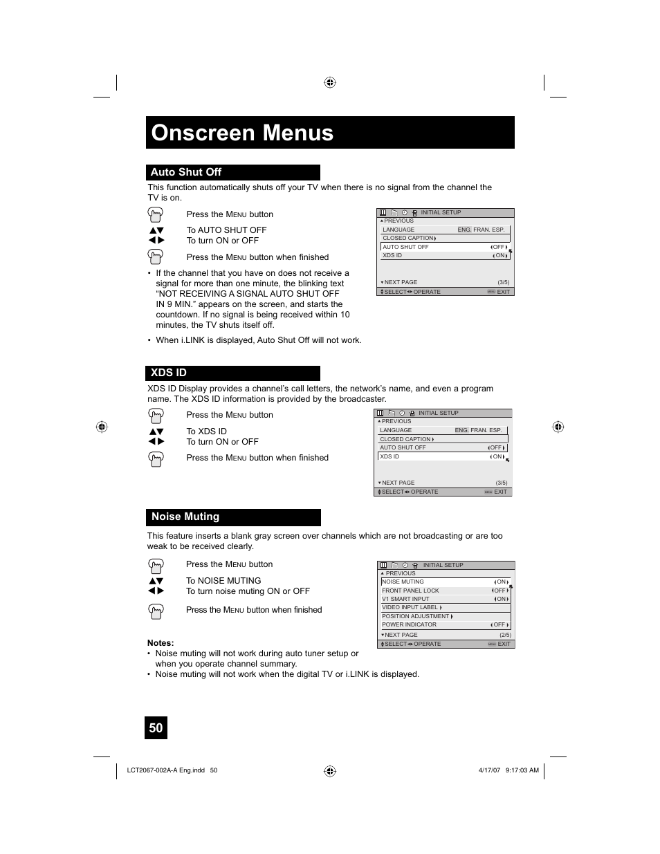 Auto shut off, Xds id, Noise muting | Onscreen menus | JVC HD-ILA HD-56FN98 User Manual | Page 50 / 96