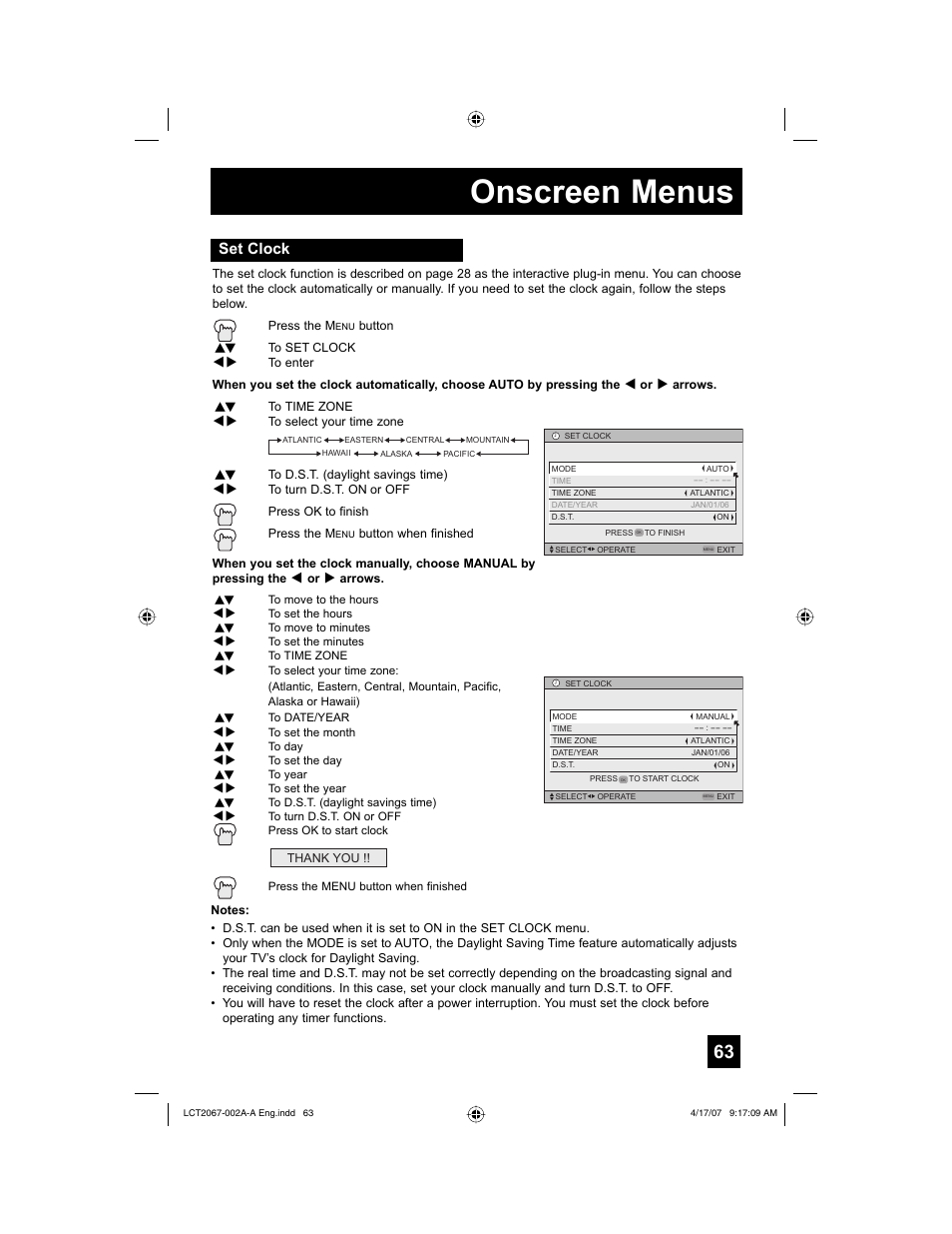 Set clock, Onscreen menus | JVC HD-ILA HD-56FN98 User Manual | Page 63 / 96