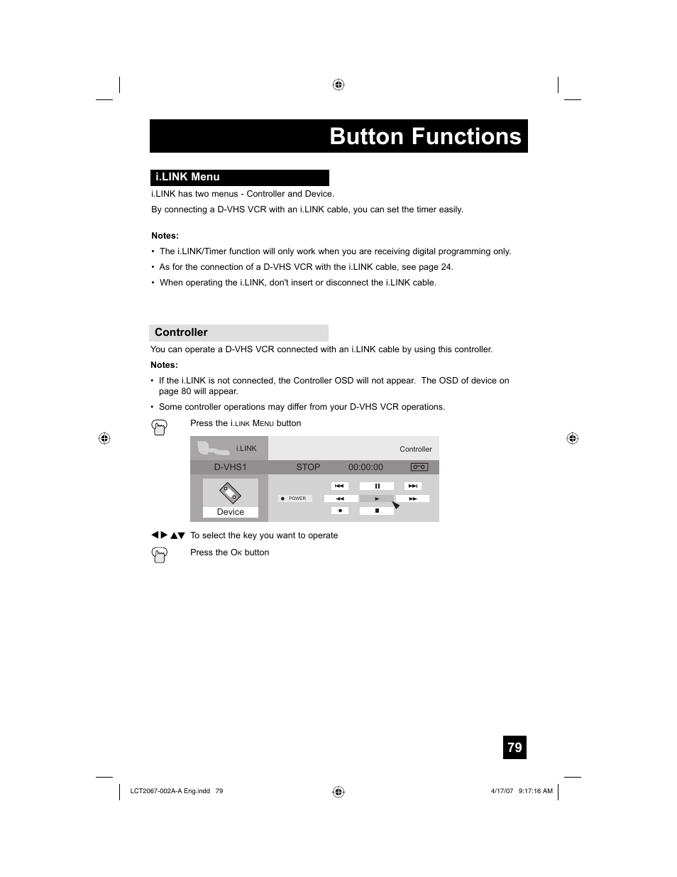 I.link menu, Button functions | JVC HD-ILA HD-56FN98 User Manual | Page 79 / 96