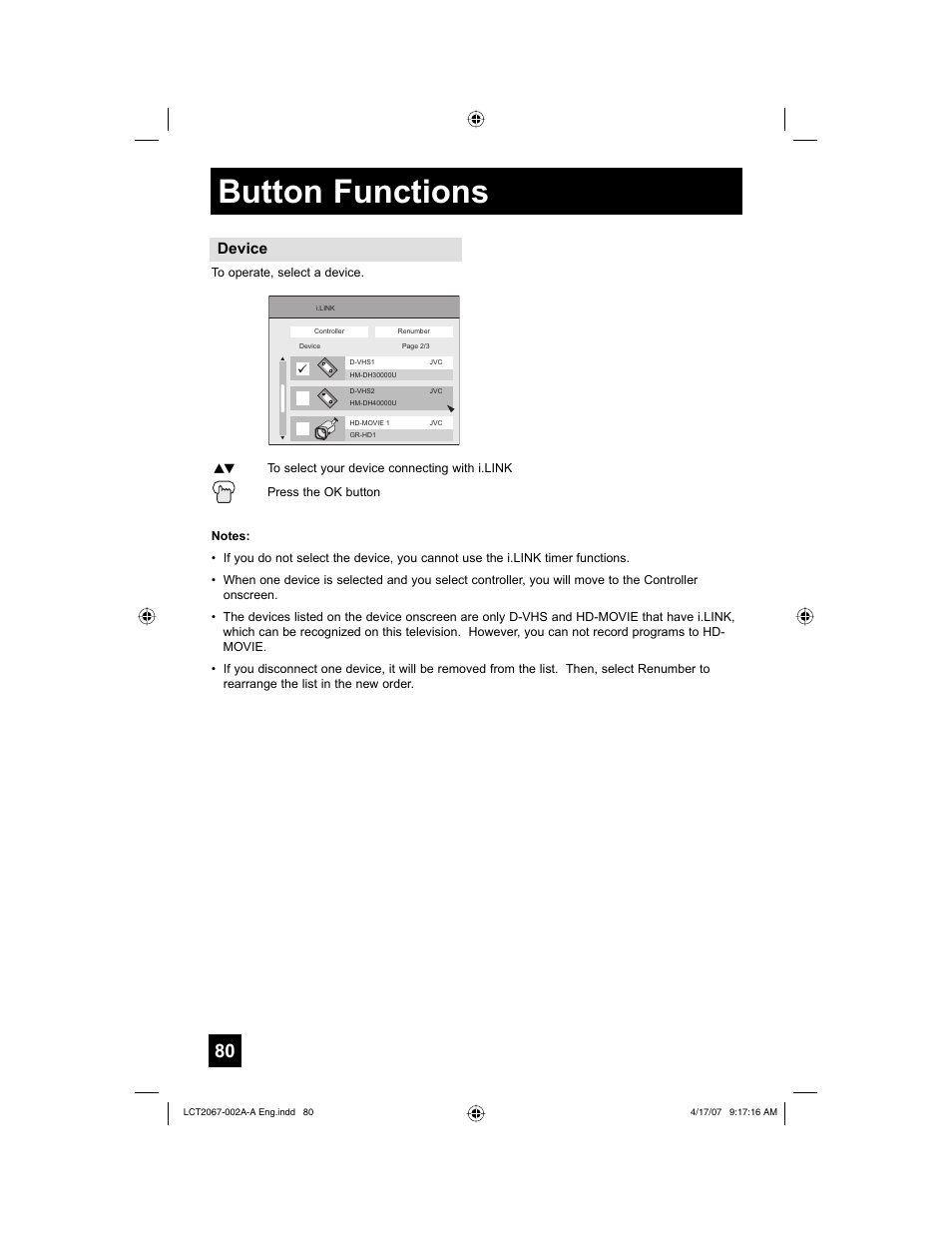 Button functions, Device | JVC HD-ILA HD-56FN98 User Manual | Page 80 / 96