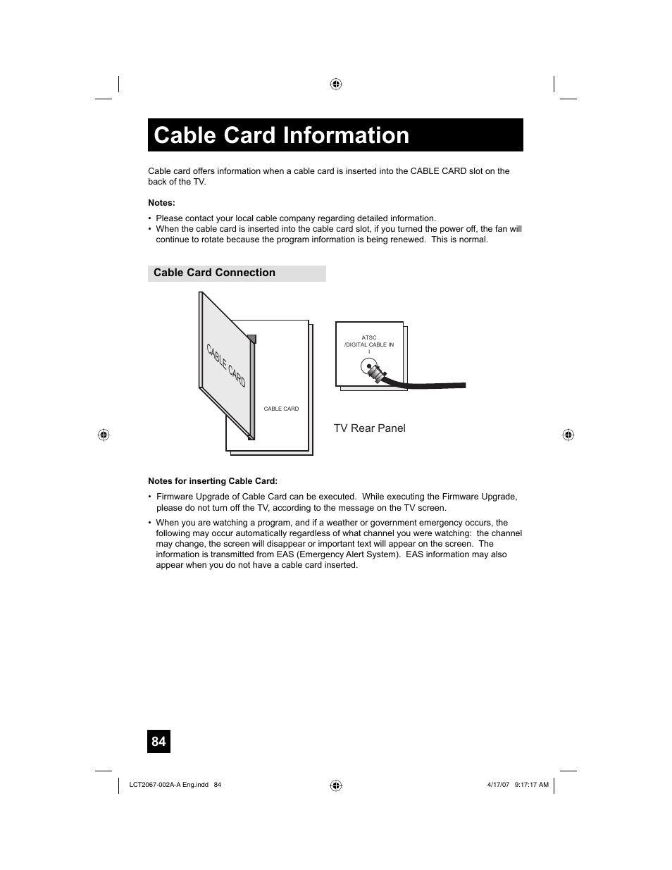 Cable card information, Cable card | JVC HD-ILA HD-56FN98 User Manual | Page 84 / 96