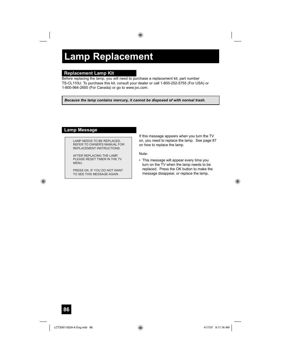 Replacement lamp kit, Lamp message, Lamp replacement | JVC HD-ILA HD-56FN98 User Manual | Page 86 / 96