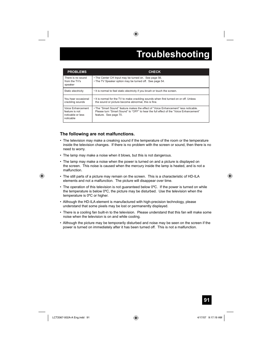 Troubleshooting, The following are not malfunctions | JVC HD-ILA HD-56FN98 User Manual | Page 91 / 96