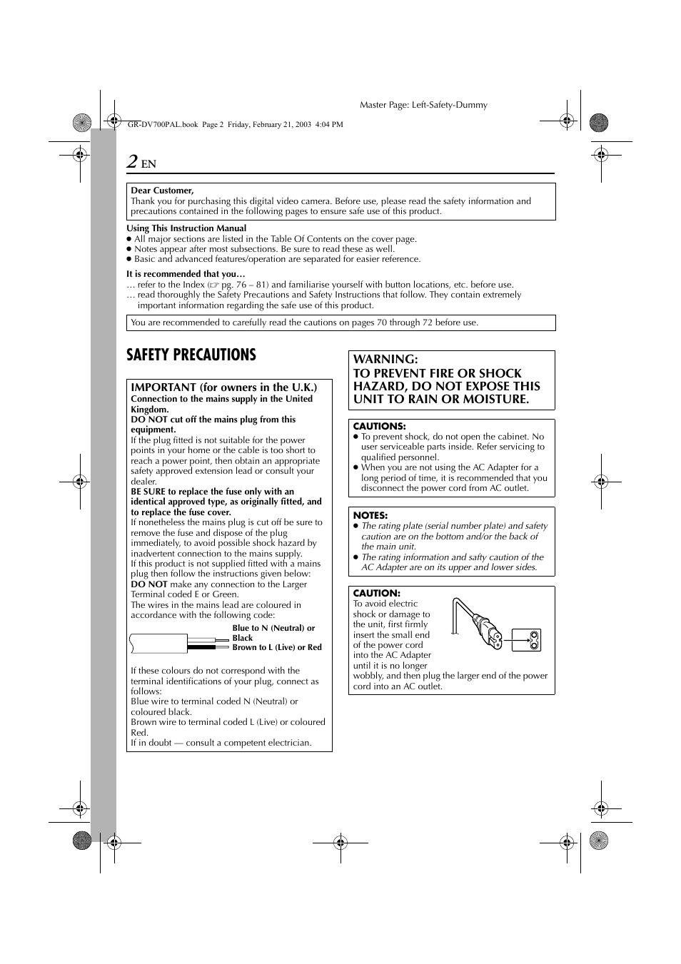 Safety precautions | JVC GR-DV600  EN User Manual | Page 2 / 84