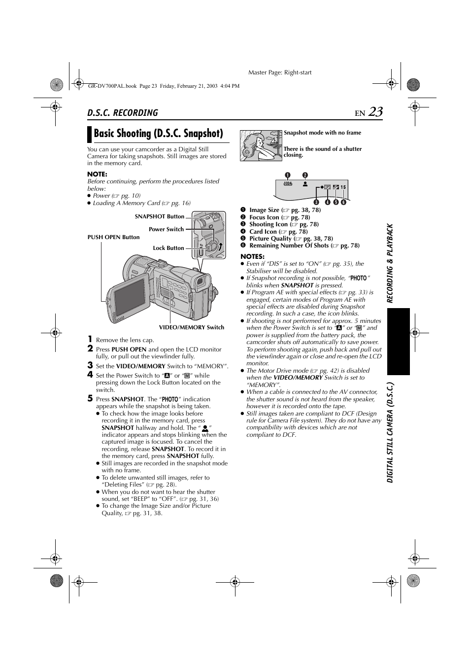 Digital still camera (d.s.c.) recording & playback, D.s.c. recording, Basic shooting (d.s.c. snapshot) | JVC GR-DV600  EN User Manual | Page 23 / 84