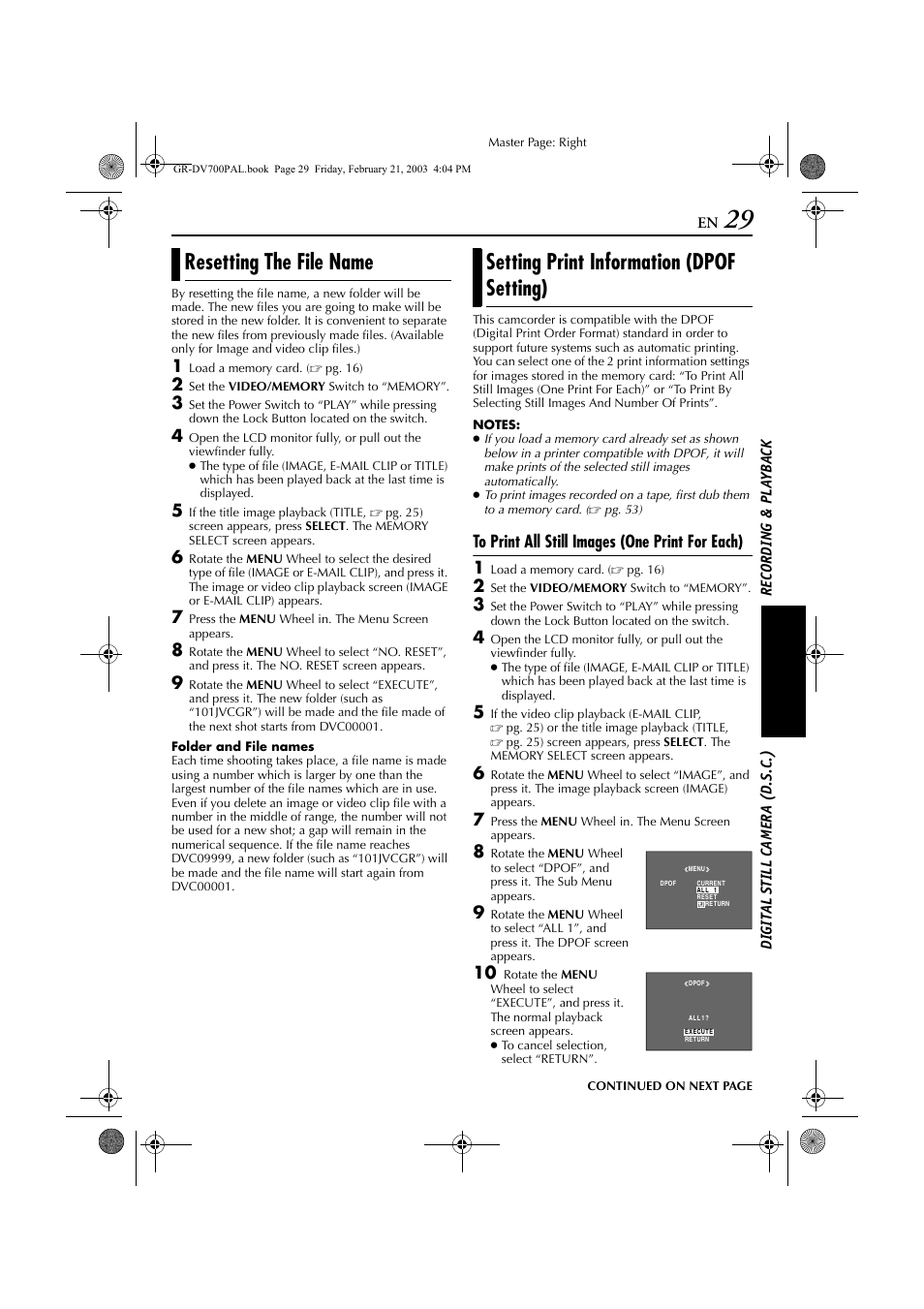 Resetting the file name, Setting print information (dpof setting), Older name | Pg. 29), Ile name | JVC GR-DV600  EN User Manual | Page 29 / 84