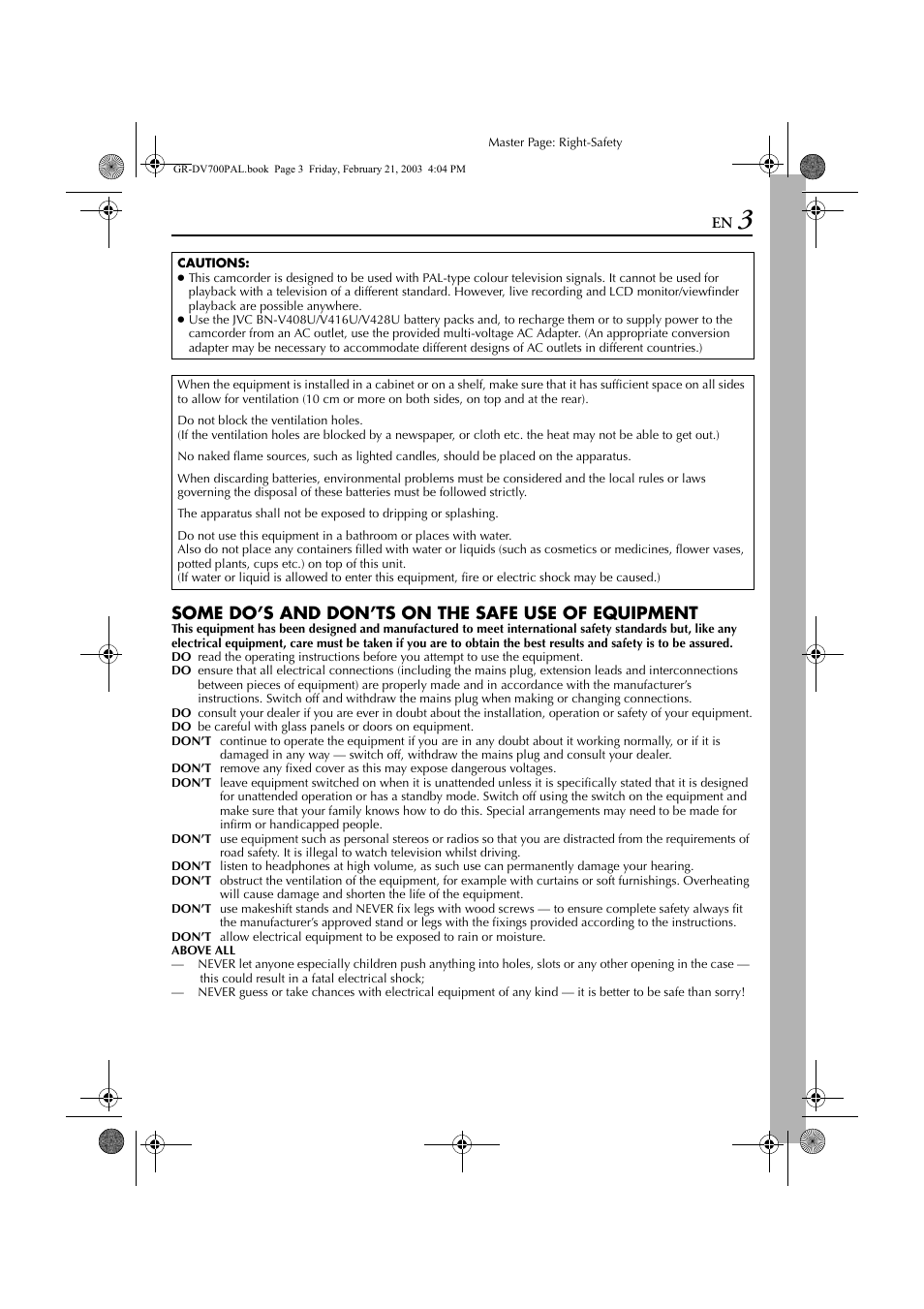 Some do’s and don’ts on the safe use of equipment | JVC GR-DV600  EN User Manual | Page 3 / 84