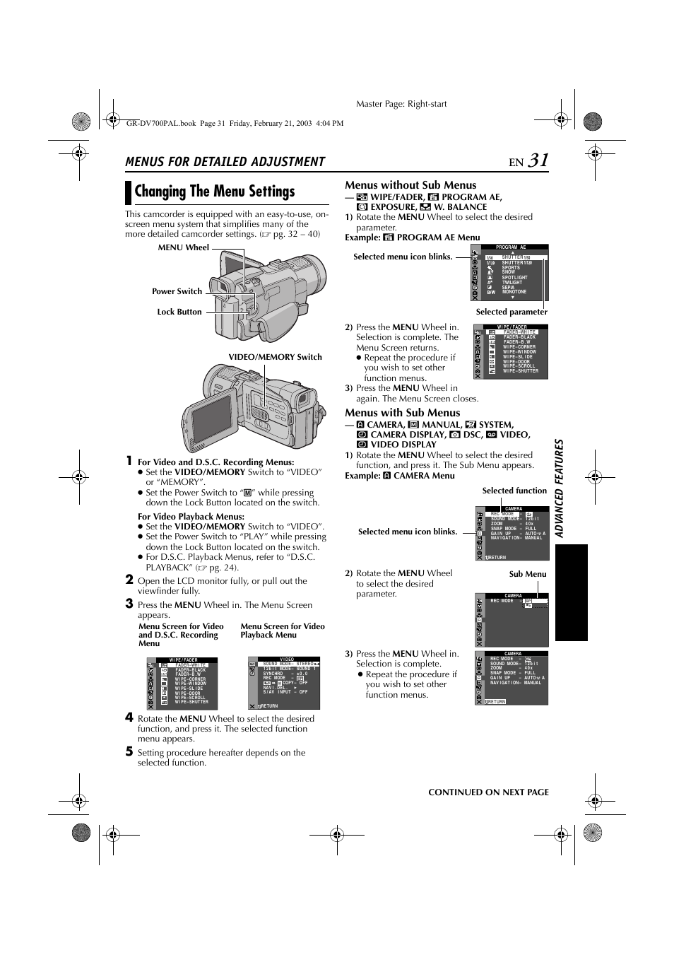 Advanced features, Menus for detailed adjustment, Changing the menu settings | Pg. 31, 37), Pg. 31), Pg. 31, Pg. 31, 34, Sound, set “beep” to “off, Pg. 31, 36), Pg. 31, 38 | JVC GR-DV600  EN User Manual | Page 31 / 84