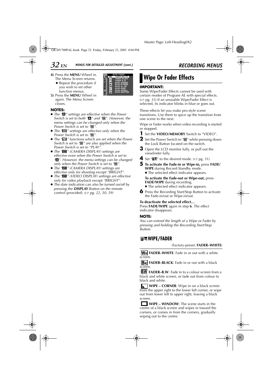 Recording menus, Wipe or fader effects, Wipe/fader | Master page: left-heading0x2, Set “v ” to the desired mode. ( ੬ pg. 31) | JVC GR-DV600  EN User Manual | Page 32 / 84