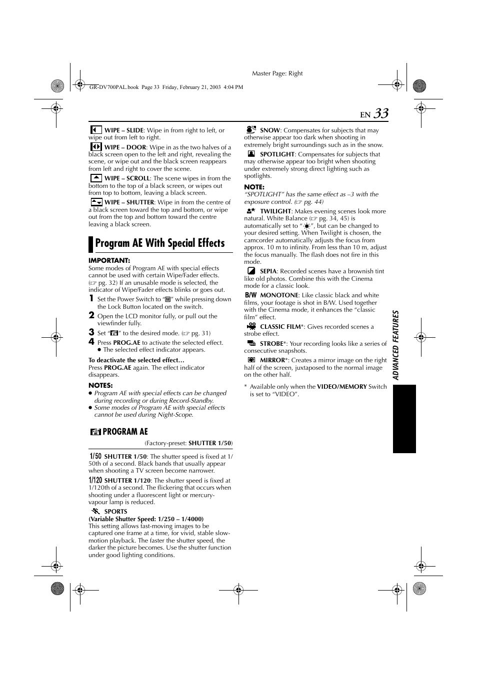 Program ae with special effects, Pg. 33) is, Pg. 33) | Program ae | JVC GR-DV600  EN User Manual | Page 33 / 84