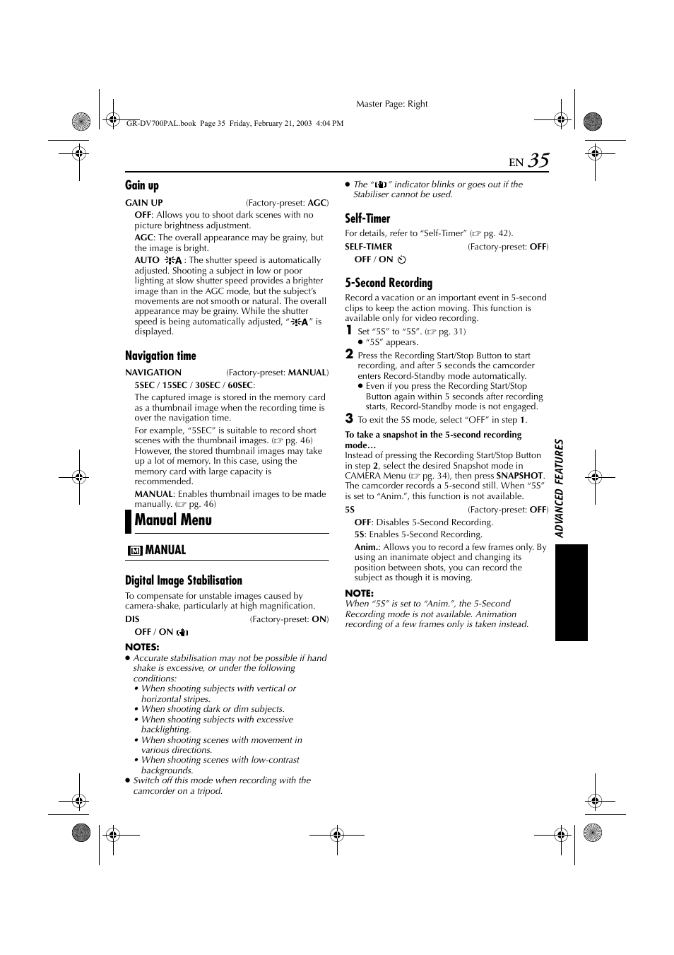 Set to “on” ( ੬ pg. 35), the, Manual menu, Gain up | Navigation time, Manual digital image stabilisation, Self-timer, Second recording | JVC GR-DV600  EN User Manual | Page 35 / 84