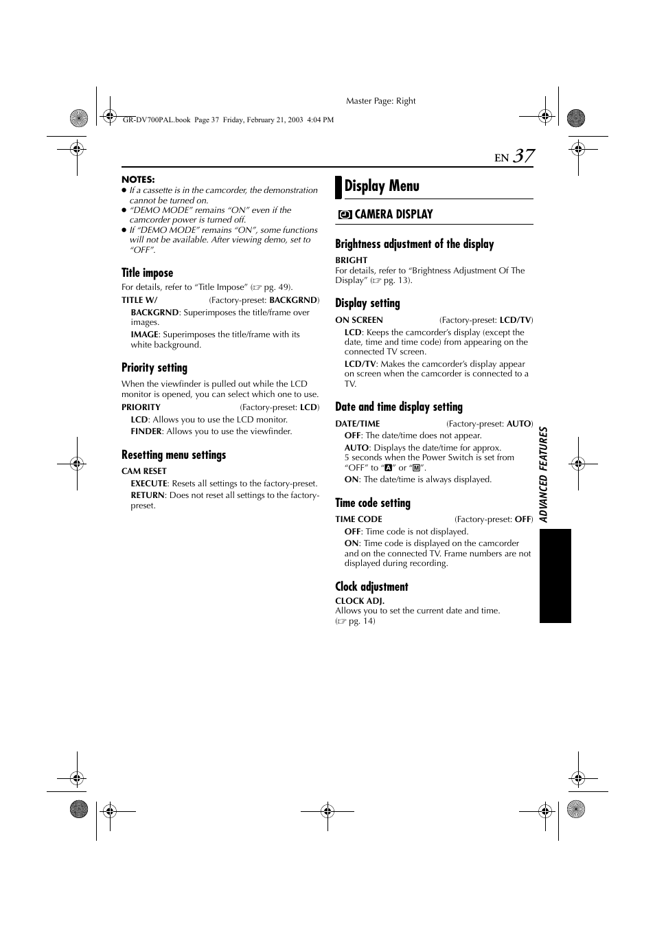T to “on, Pg. 37), Display menu | JVC GR-DV600  EN User Manual | Page 37 / 84