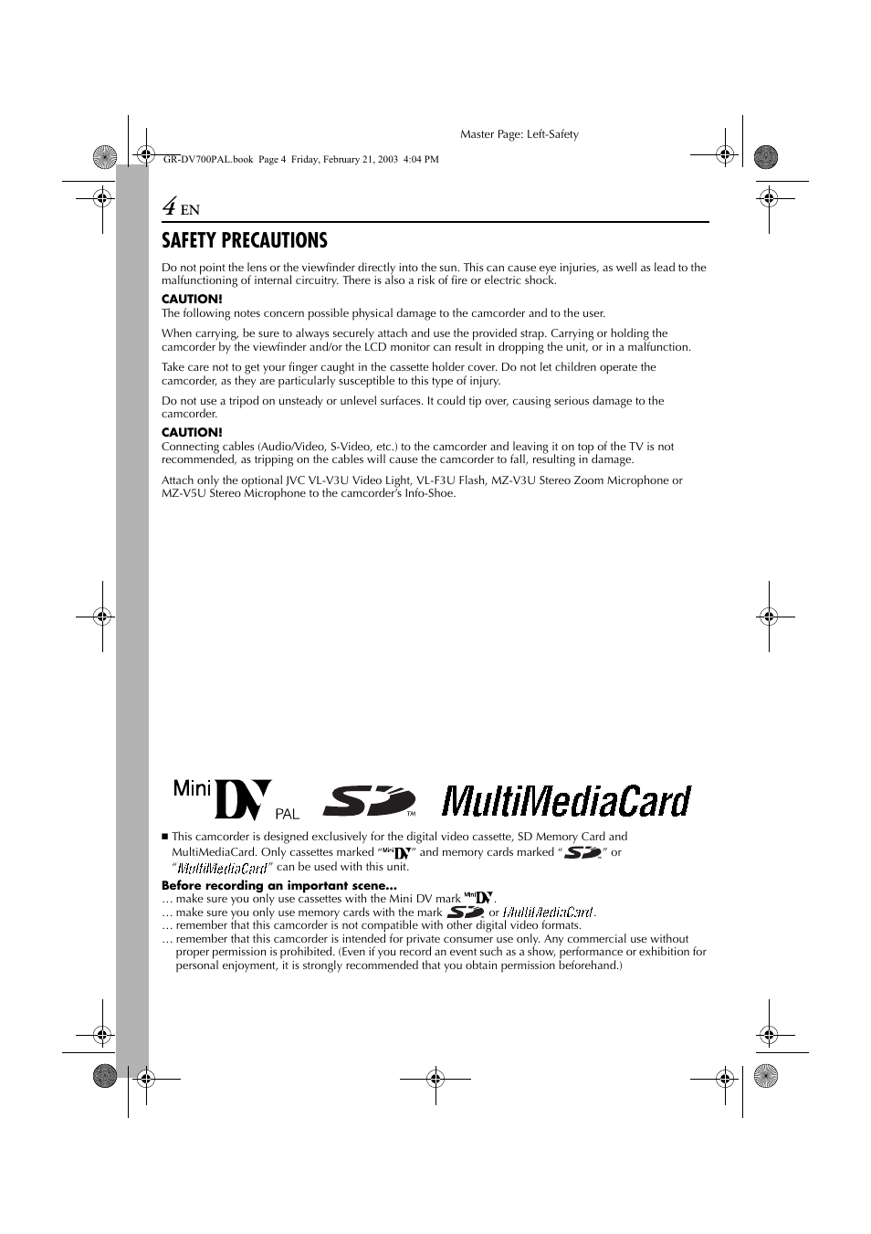 Safety precautions | JVC GR-DV600  EN User Manual | Page 4 / 84