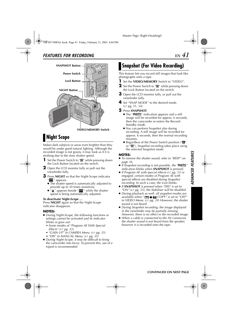 Features for recording, Night scope, Snapshot (for video recording) | Night scope snapshot (for video recording), Refer to “snapshot (for video recording), Pg. 41). t | JVC GR-DV600  EN User Manual | Page 41 / 84
