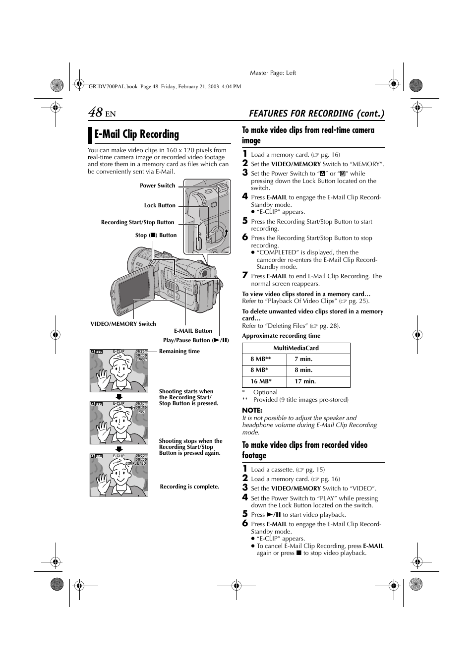Email clip recording, E-mail clip recording, View video clips | Pg. 48) stored, Features for recording (cont.) | JVC GR-DV600  EN User Manual | Page 48 / 84