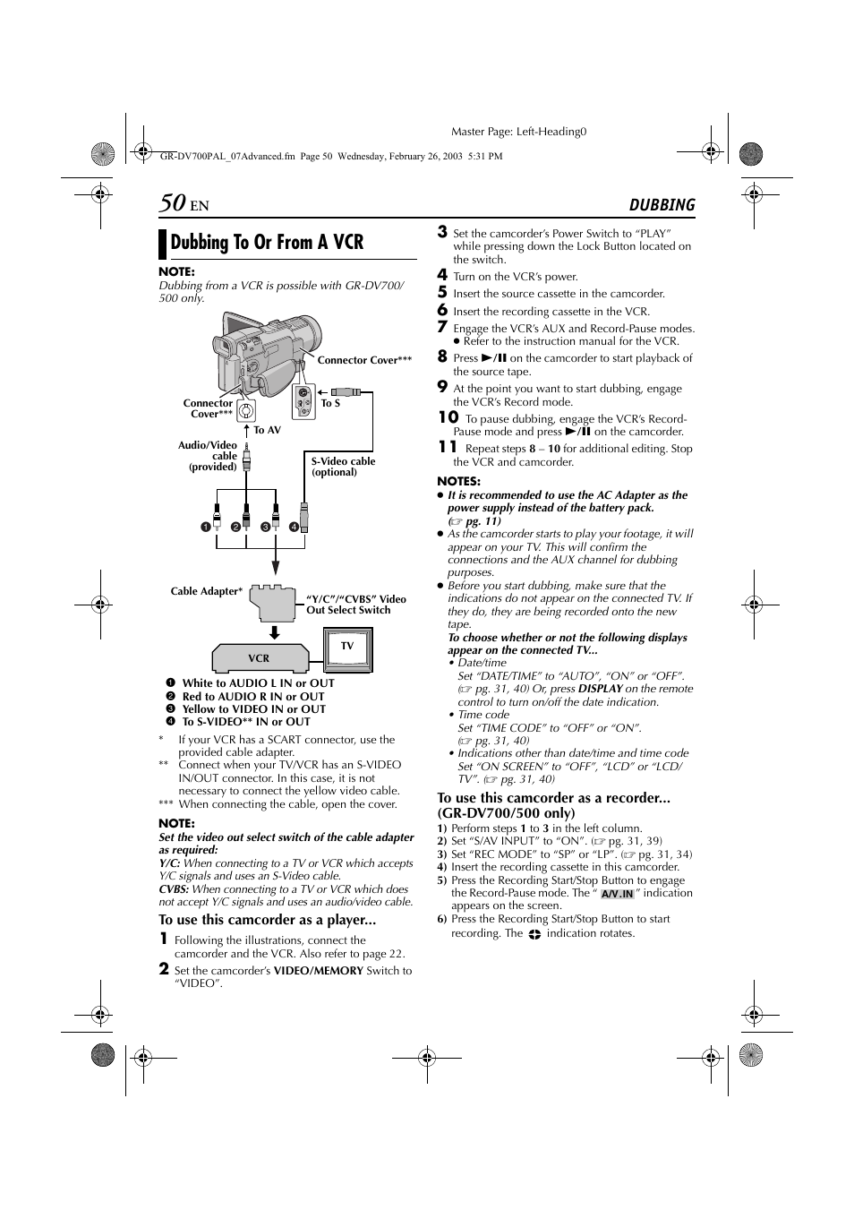 Dubbing, Dubbing to or from a vcr, Ubbing | Pg. 50, 52), Connectors, Pg. 50) | JVC GR-DV600  EN User Manual | Page 50 / 84