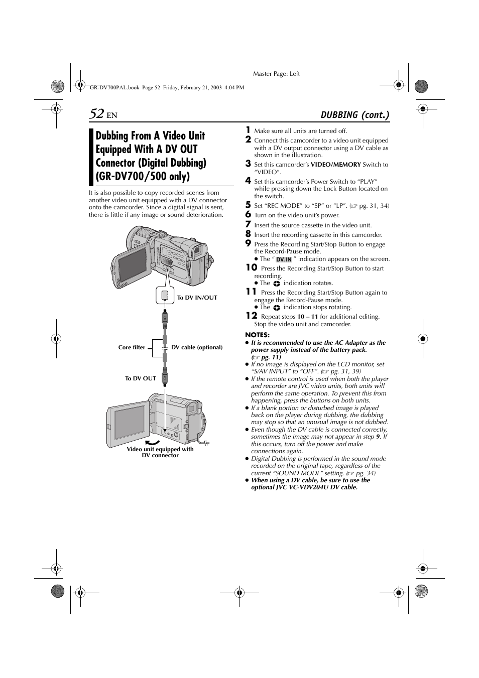 Dubbing from a video unit equipped with, Dubbing (cont.) | JVC GR-DV600  EN User Manual | Page 52 / 84