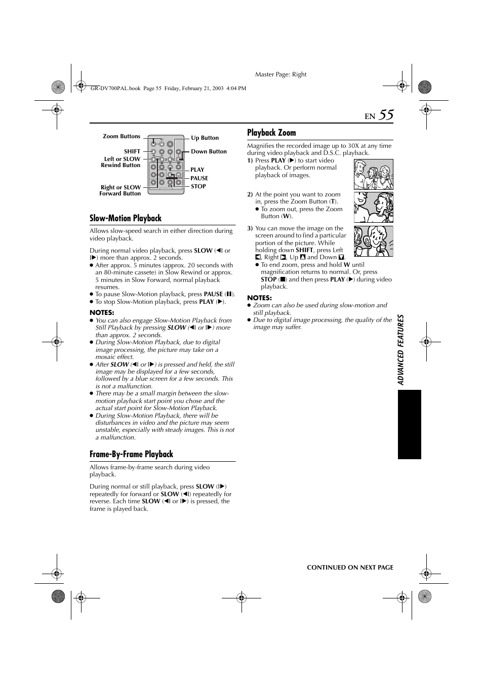 Pg. 55), Playback zoom, Functions possible | Pg. 55, Slow-motion playback, Frame-by-frame playback | JVC GR-DV600  EN User Manual | Page 55 / 84