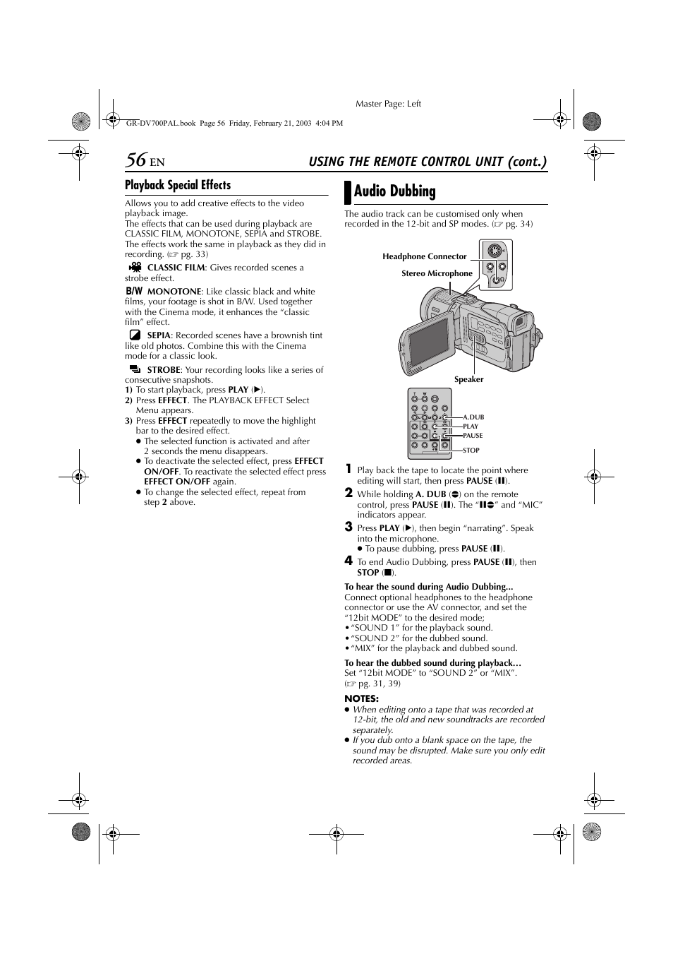 Audio dubbing, Pg. 56) and inser, Or “playback special effects | Pg. 56), Vided), Using the remote control unit (cont.), Playback special effects | JVC GR-DV600  EN User Manual | Page 56 / 84