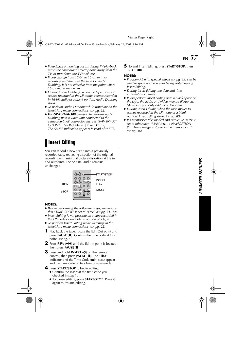 Insert editing, Pg. 57) are possible on tapes recorded in t, Pg. 57) | JVC GR-DV600  EN User Manual | Page 57 / 84