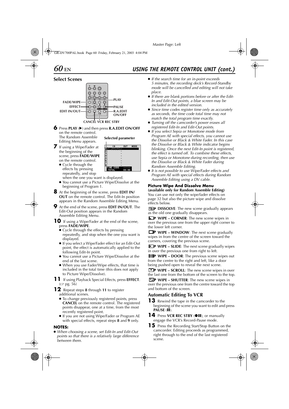 Pg. 60), Using the remote control unit (cont.) | JVC GR-DV600  EN User Manual | Page 60 / 84