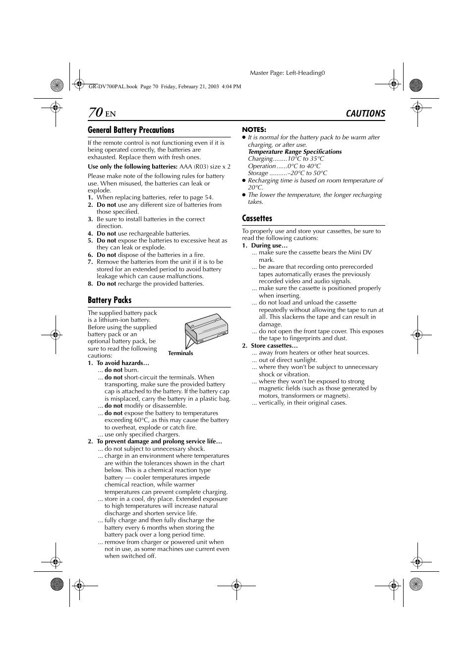 Cautions, General battery precautions, Pg. 70) | To 35°c, Battery packs, Cassettes | JVC GR-DV600  EN User Manual | Page 70 / 84