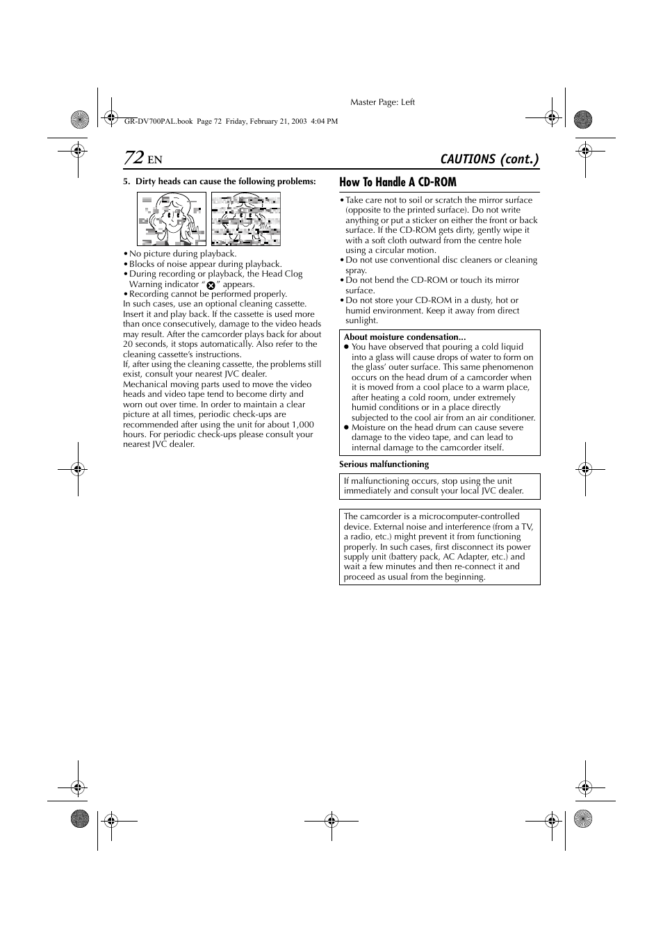 H 72, Pg. 72, Cautions (cont.) | How to handle a cd-rom | JVC GR-DV600  EN User Manual | Page 72 / 84