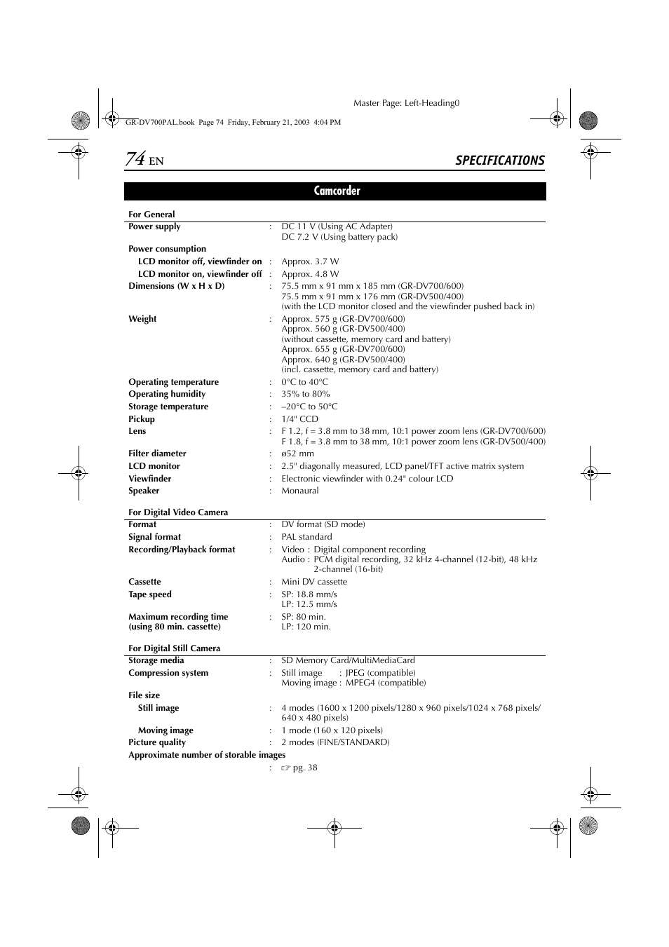 Specifications, Camcorder | JVC GR-DV600  EN User Manual | Page 74 / 84