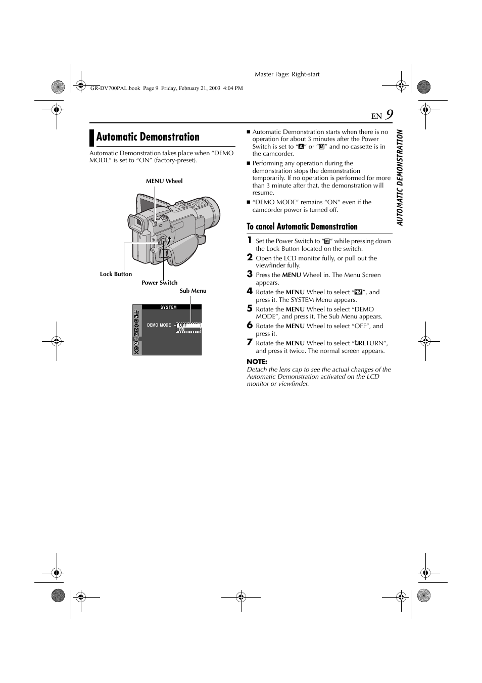 Automatic demonstration, Au to ma tic demonstra tion | JVC GR-DV600  EN User Manual | Page 9 / 84