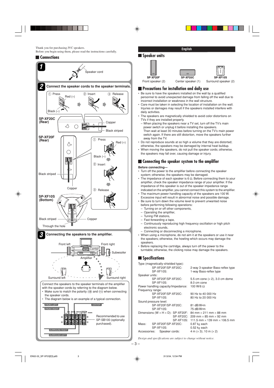 Connections, Speaker units, Precautions for installation and daily use | Connecting the speaker system to the amplifier, Specifications | JVC SP-XF20C User Manual | Page 3 / 4