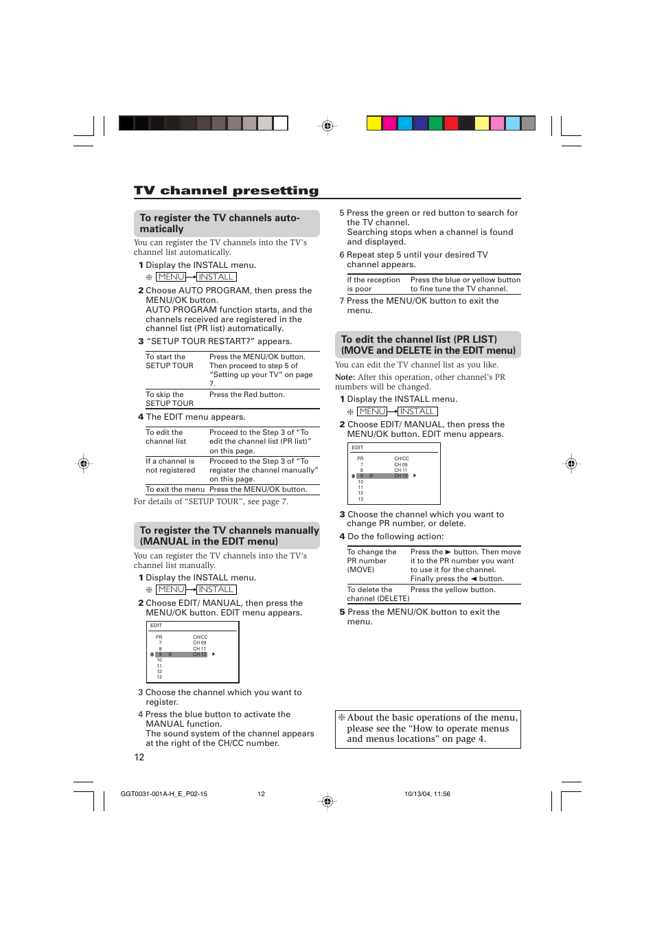 Tv channel presetting | JVC AV-14F114 User Manual | Page 12 / 16