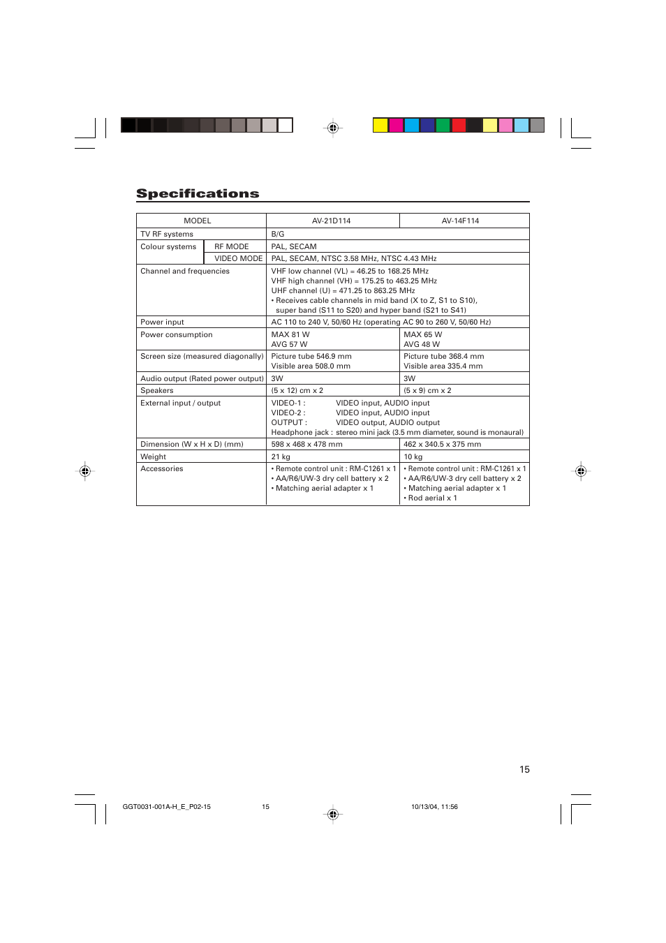 Specifications | JVC AV-14F114 User Manual | Page 15 / 16
