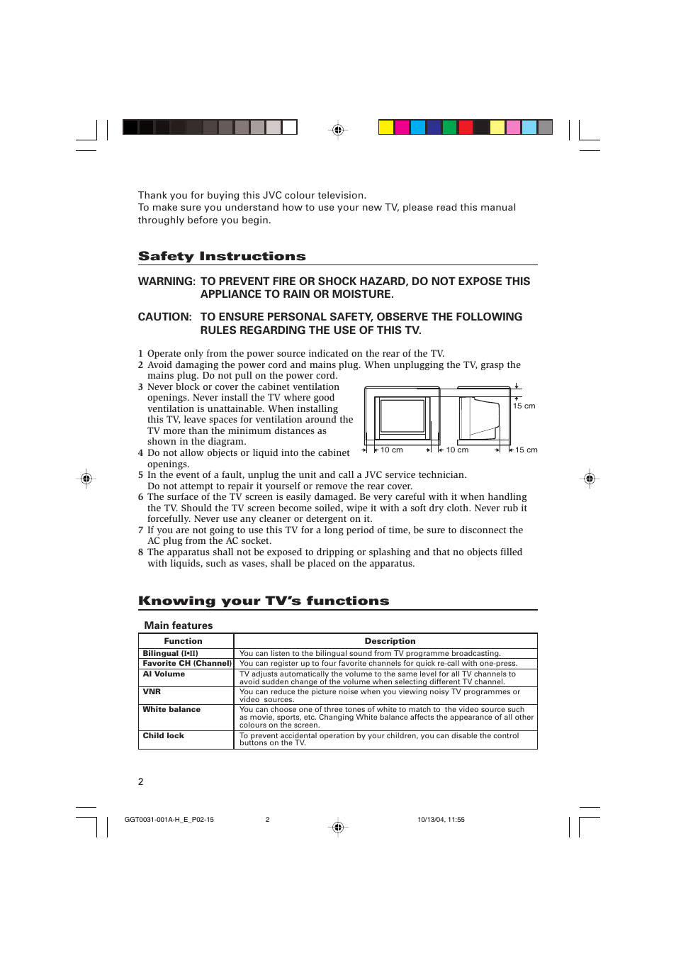 Safety instructions, Knowing your tv’s functions | JVC AV-14F114 User Manual | Page 2 / 16